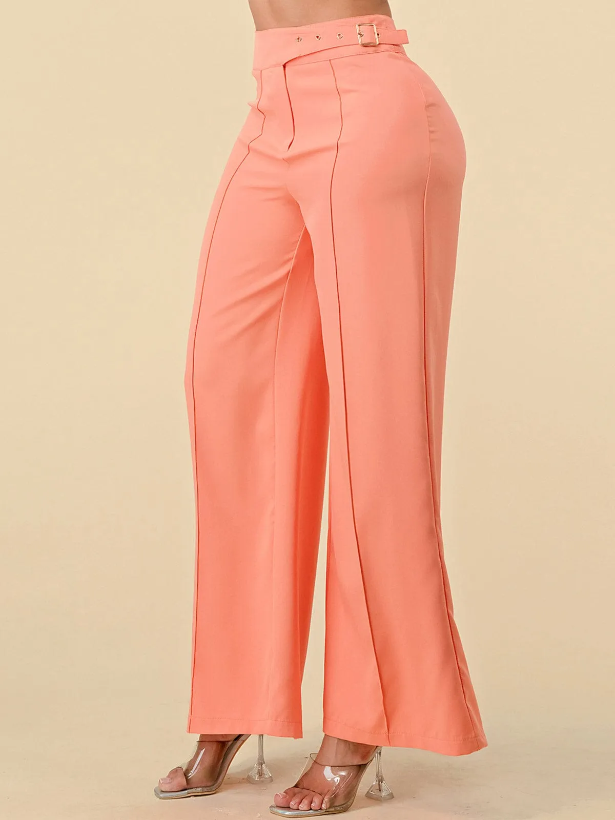 WOMEN'S BUTTON CLOSURE WIDE LEG PANTS