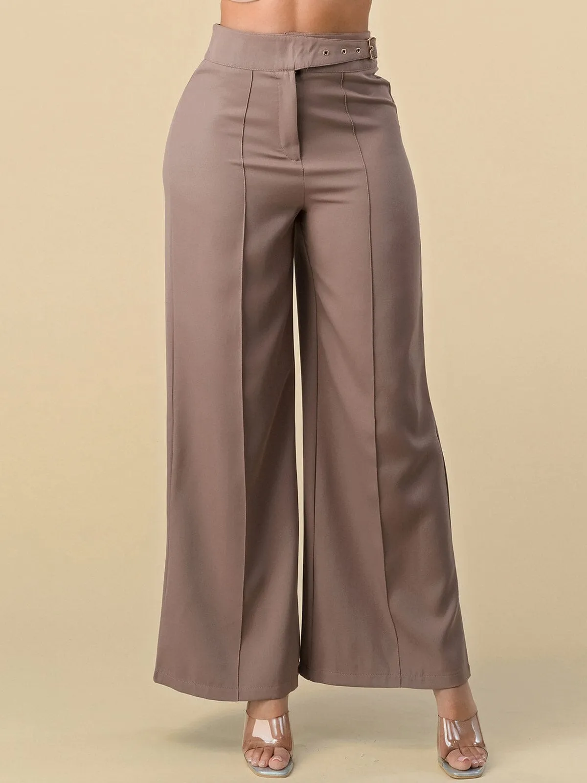 WOMEN'S BUTTON CLOSURE WIDE LEG PANTS