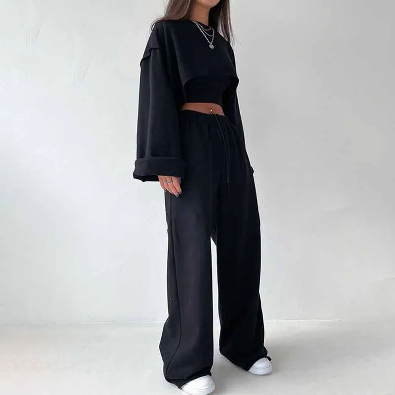 Women's casual 3 pieces pantsuits long sleeved hoodie with wide leg pants
