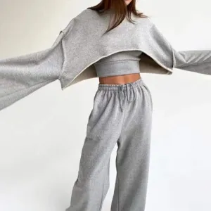 Women's casual 3 pieces pantsuits long sleeved hoodie with wide leg pants