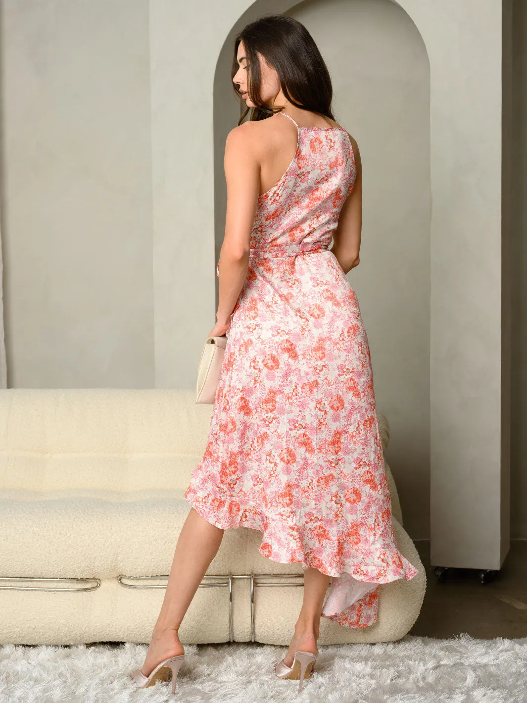 WOMEN'S FLORAL PRINT BELTED SATIN MIDI DRESS