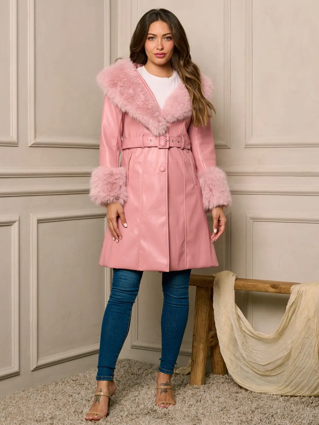 WOMEN'S LONG SLEEVE BUTTON CLOSURE PU PLEATHER BELTED COAT