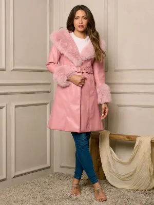WOMEN'S LONG SLEEVE BUTTON CLOSURE PU PLEATHER BELTED COAT