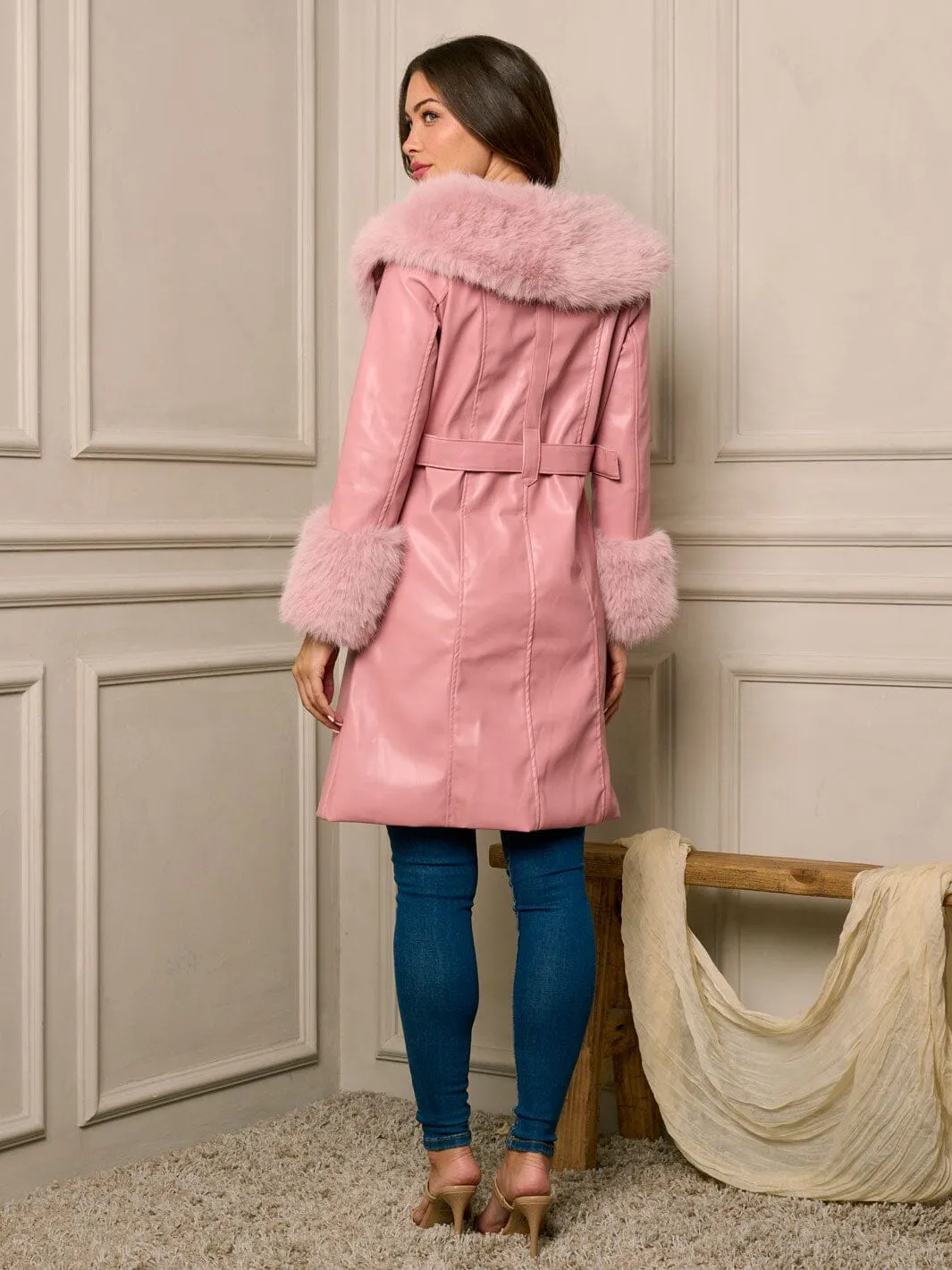 WOMEN'S LONG SLEEVE BUTTON CLOSURE PU PLEATHER BELTED COAT