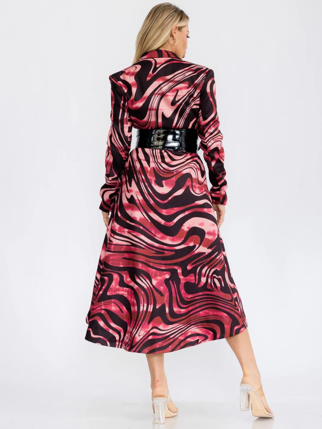 WOMEN'S LONG SLEEVE BUTTON UP BELTED HIGH-LOW ANIMAL PRINT MIDI DRESS