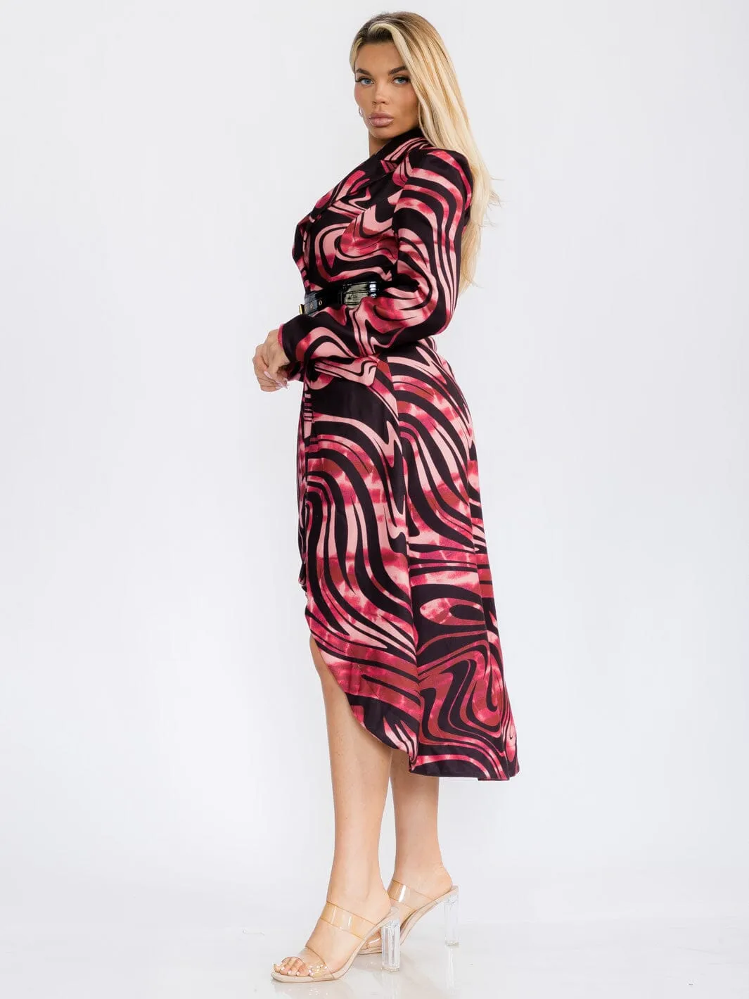 WOMEN'S LONG SLEEVE BUTTON UP BELTED HIGH-LOW ANIMAL PRINT MIDI DRESS