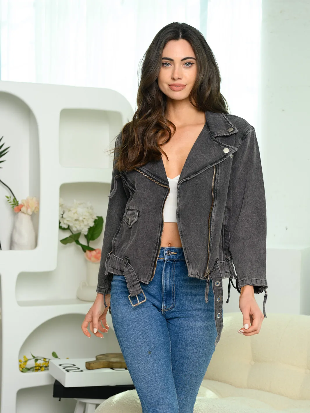 WOMEN'S LONG SLEEVE DENIM BELTED JACKET