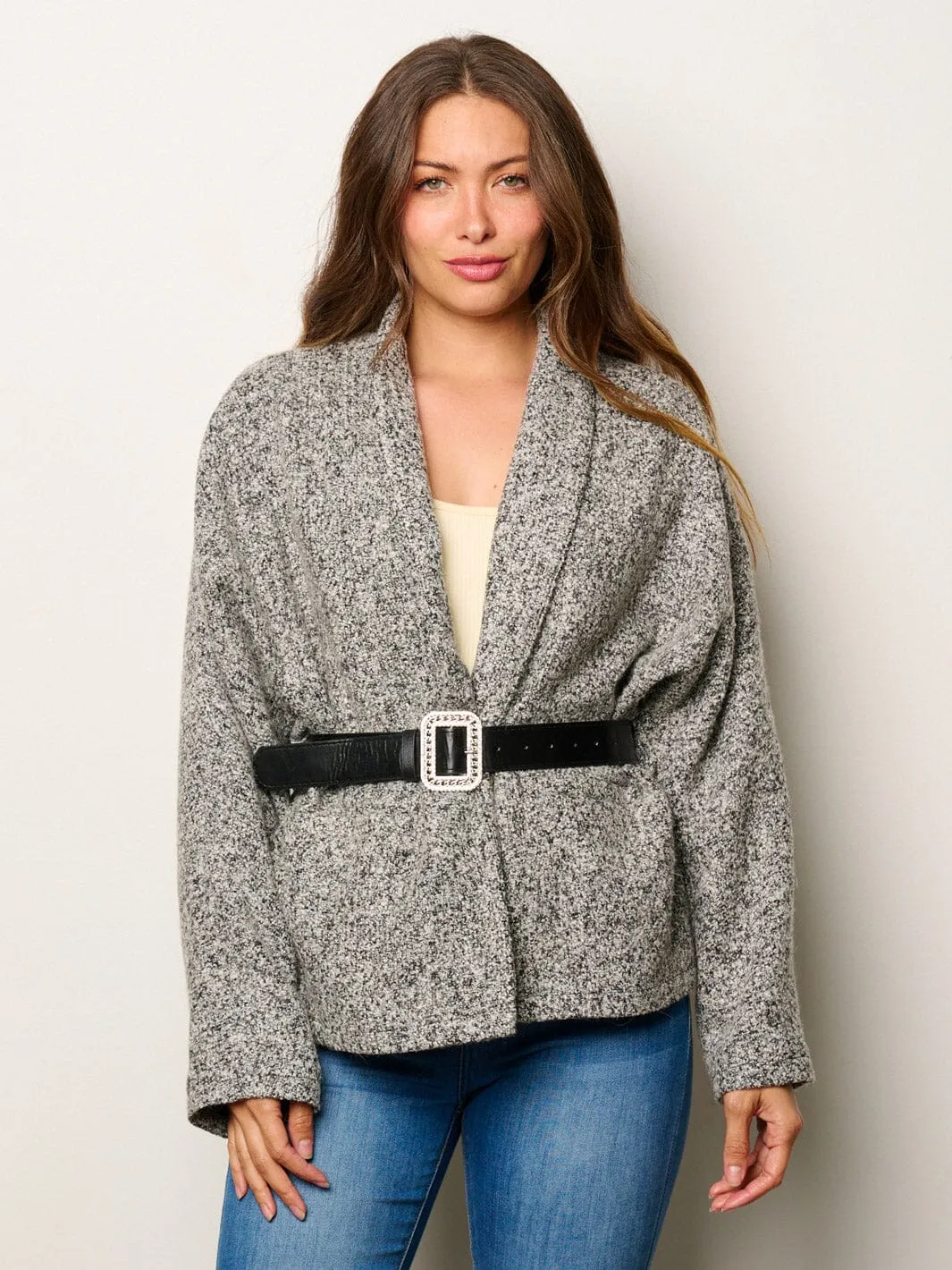 WOMEN'S LONG SLEEVE OPEN FRONT BELTED JACKET