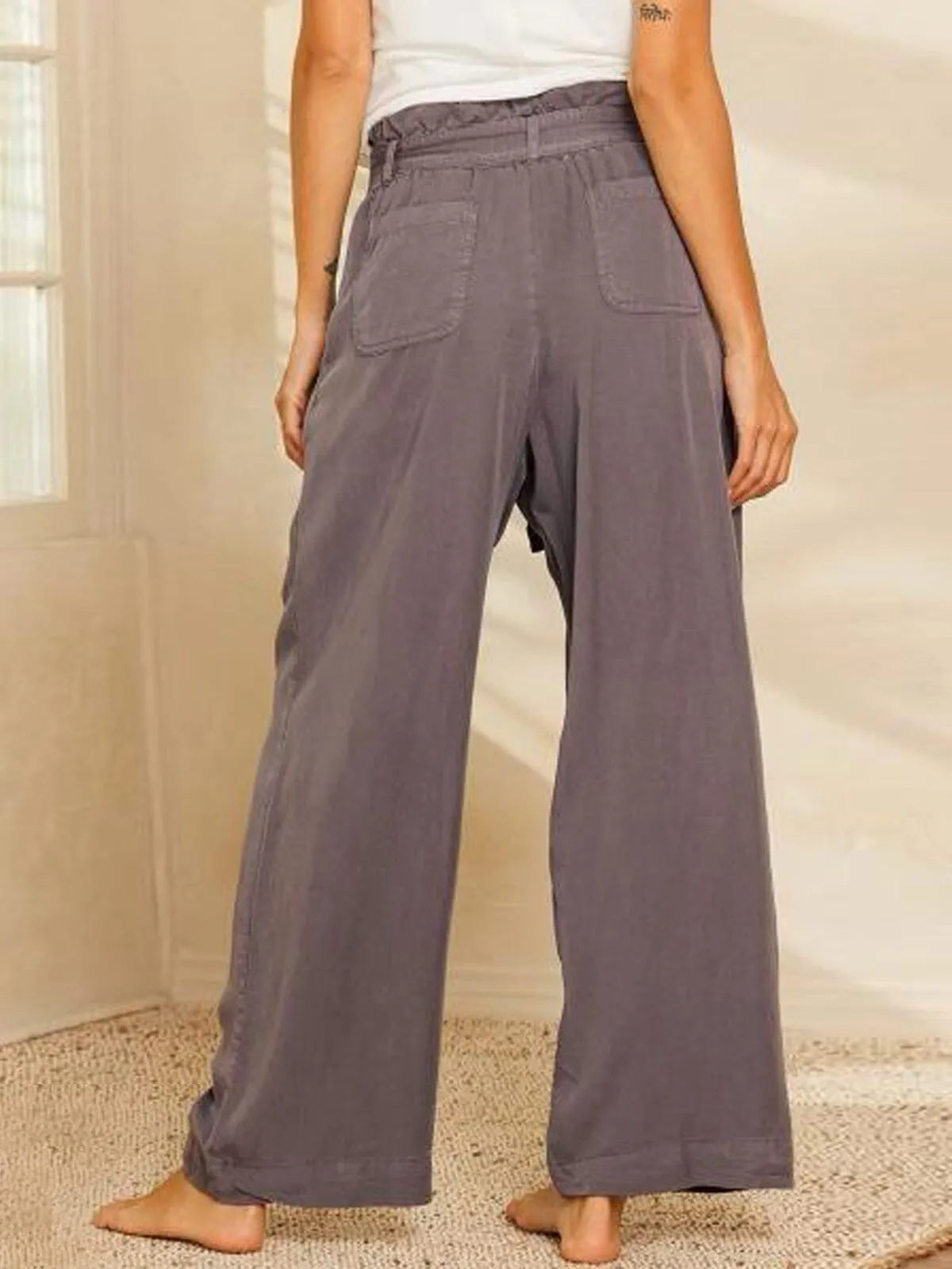 WOMEN'S POCKETS BELTED WIDE LEG PANTS