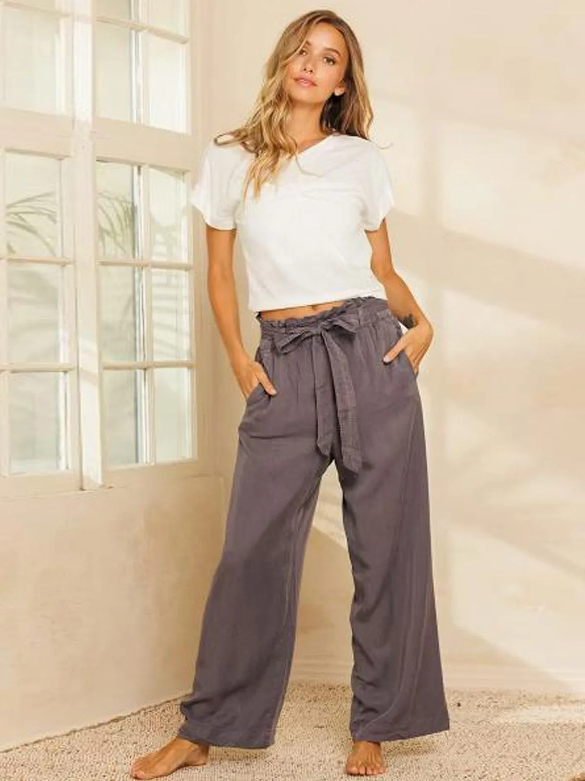 WOMEN'S POCKETS BELTED WIDE LEG PANTS