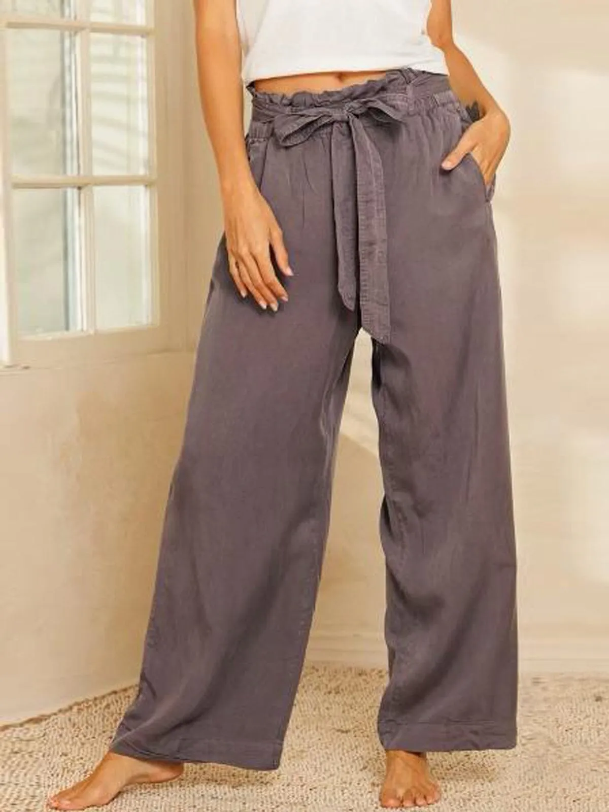 WOMEN'S POCKETS BELTED WIDE LEG PANTS