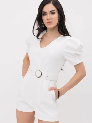 WOMEN'S SHORT PUFF SLEEVES V-NECK POCKETS BELTED ROMPER