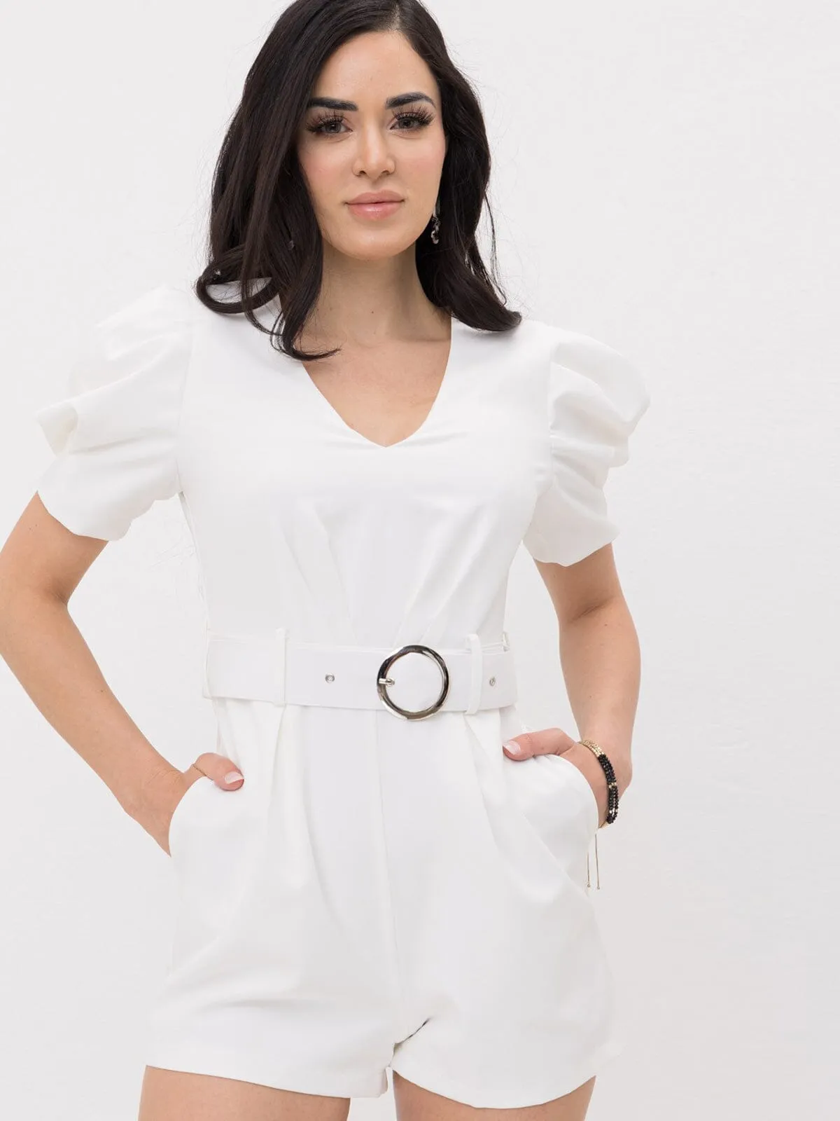 WOMEN'S SHORT PUFF SLEEVES V-NECK POCKETS BELTED ROMPER