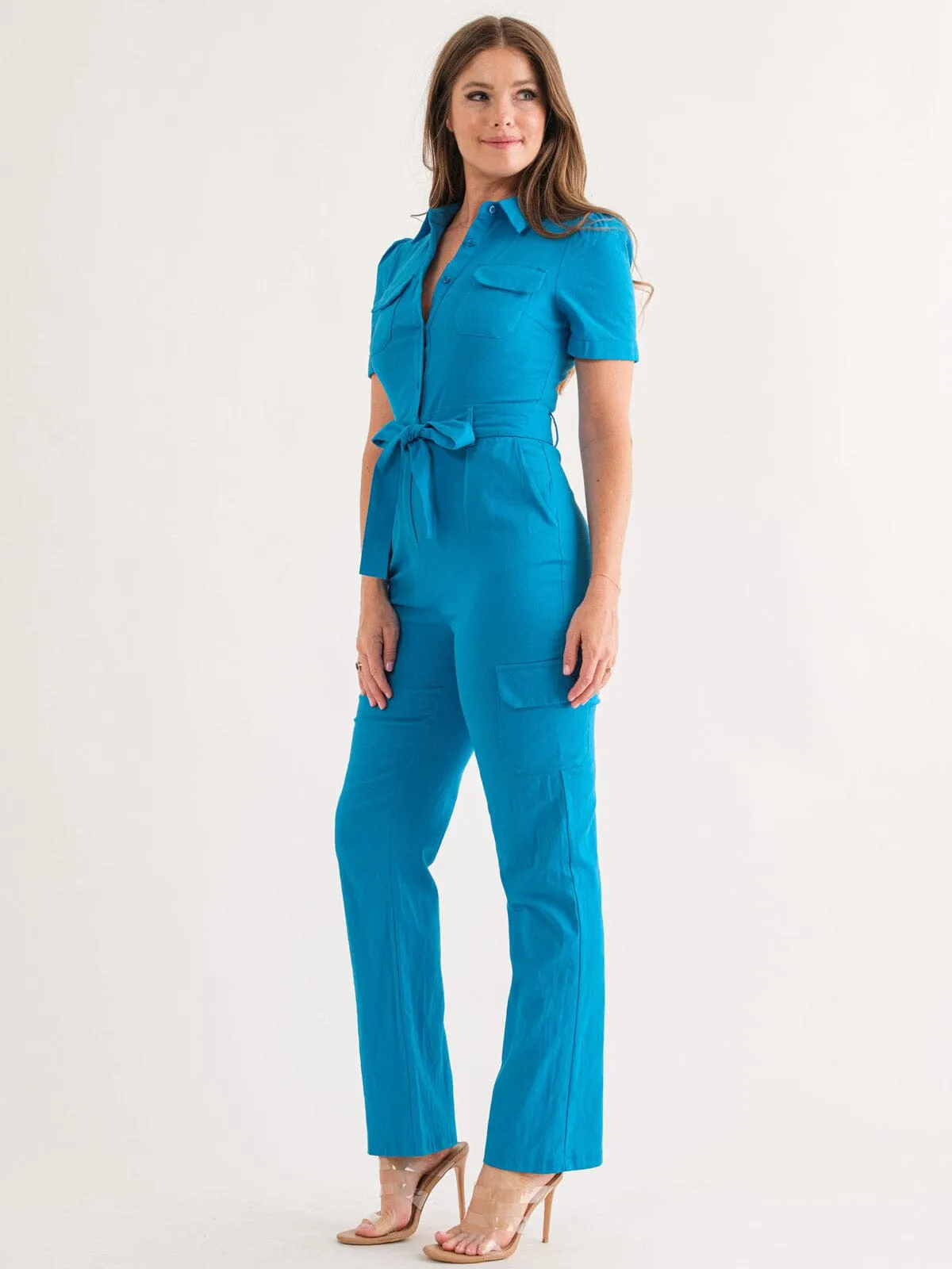 WOMEN'S SHORT SLEEVE BUTTON UP POCKETS BELTED JUMPSUIT