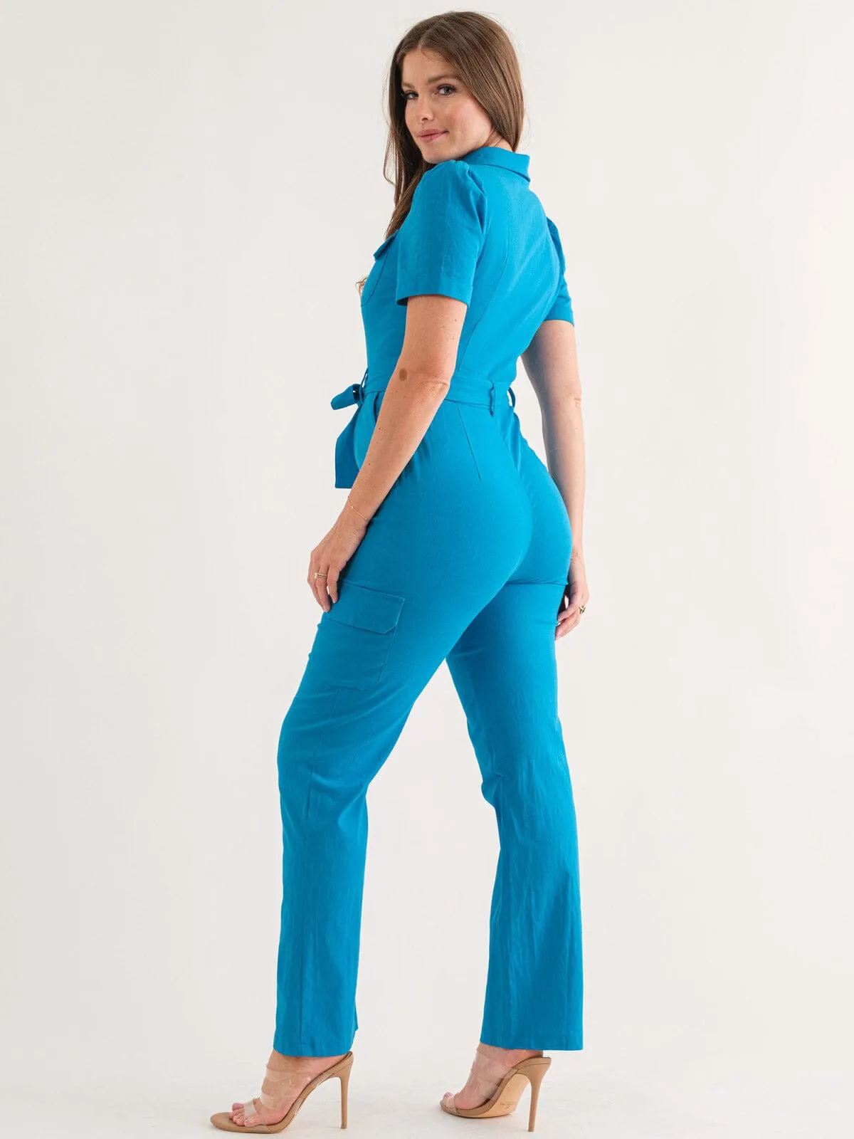 WOMEN'S SHORT SLEEVE BUTTON UP POCKETS BELTED JUMPSUIT