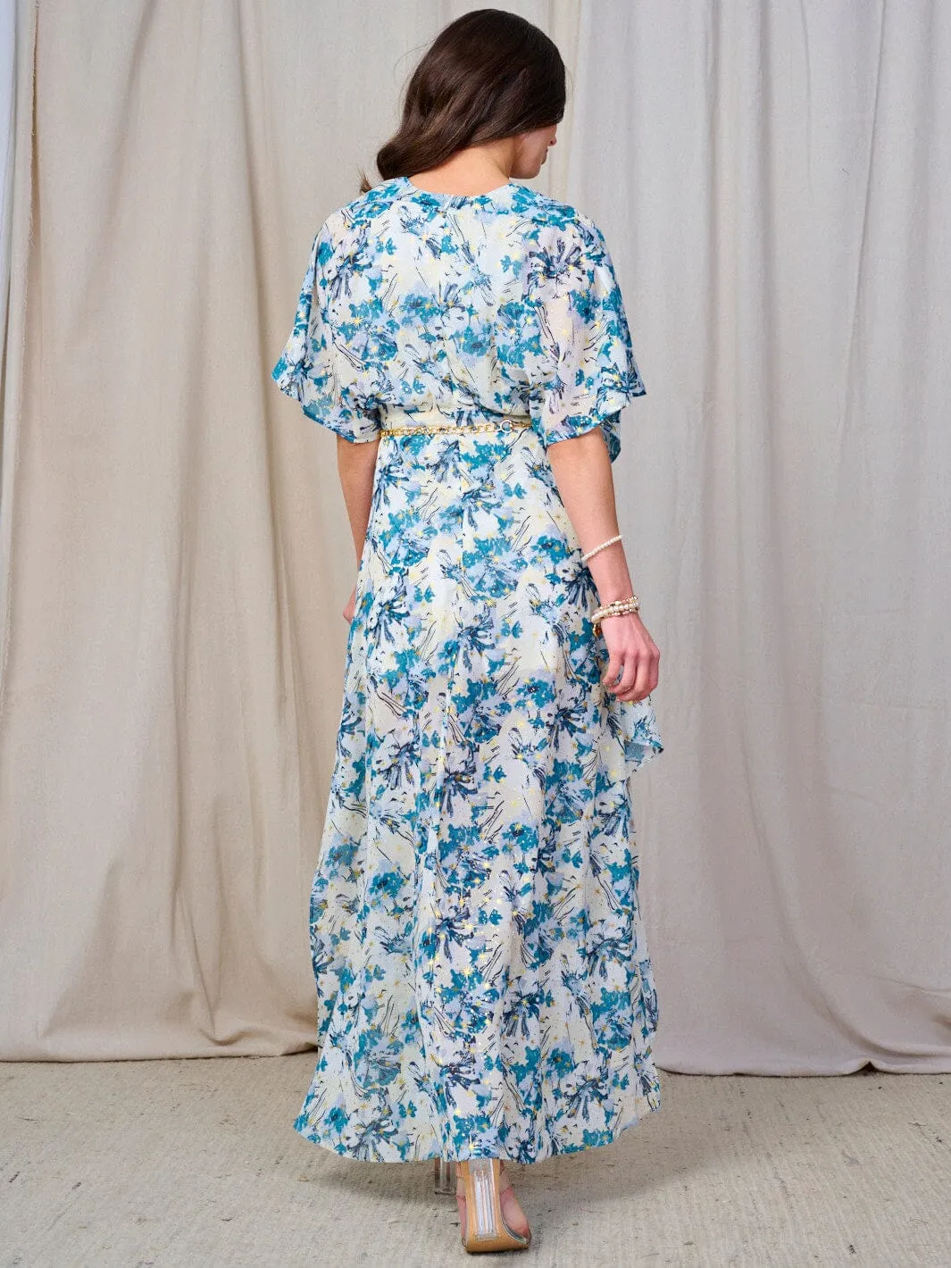 WOMEN'S SHORT SLEEVE V-NECK BELTED FLORAL MAXI DRESS