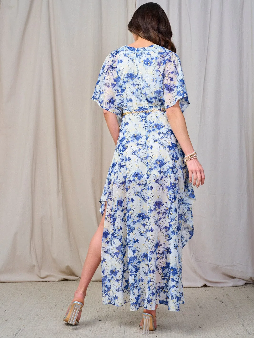 WOMEN'S SHORT SLEEVE V-NECK BELTED FLORAL MAXI DRESS