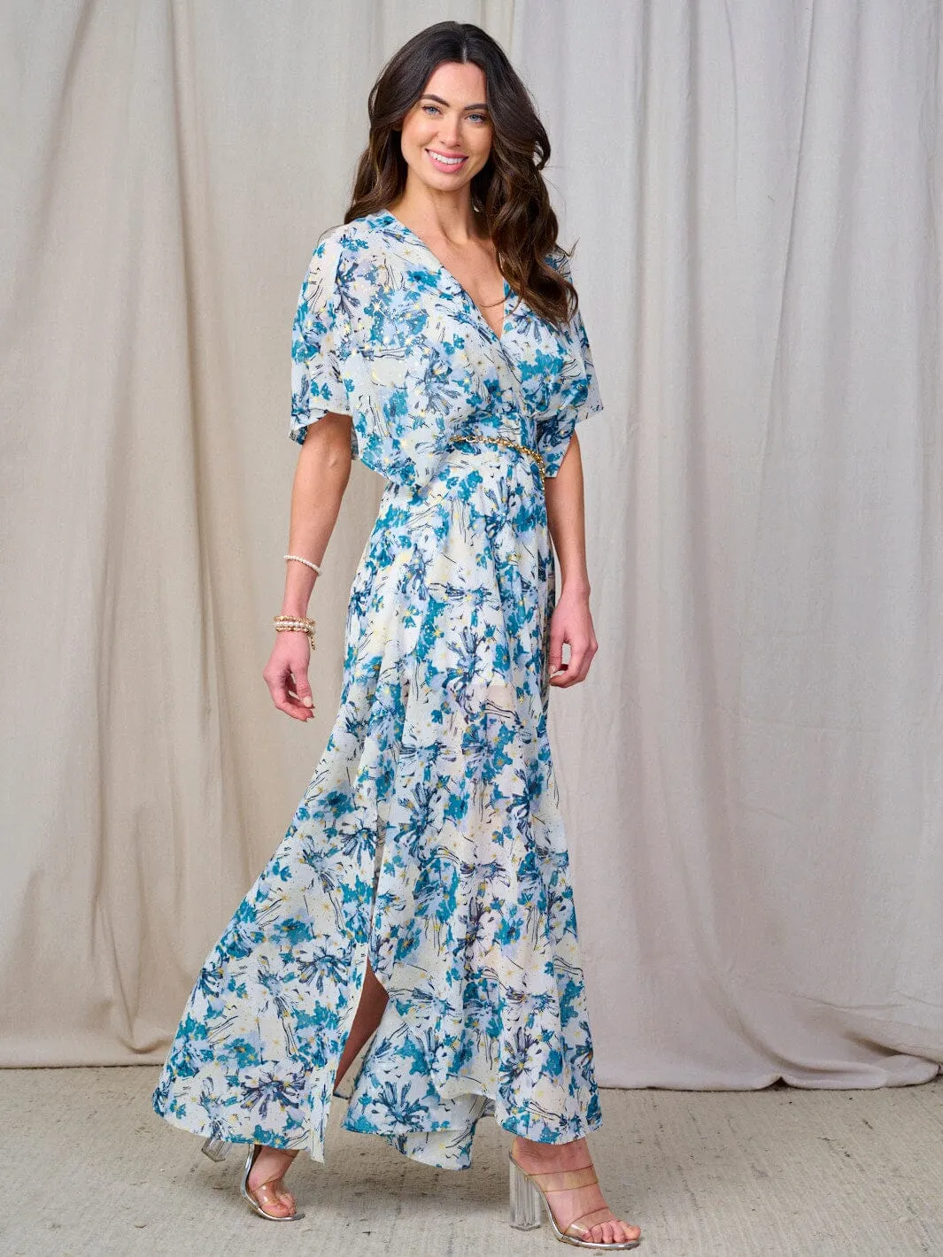WOMEN'S SHORT SLEEVE V-NECK BELTED FLORAL MAXI DRESS