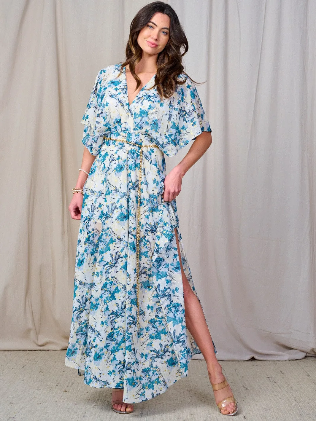 WOMEN'S SHORT SLEEVE V-NECK BELTED FLORAL MAXI DRESS