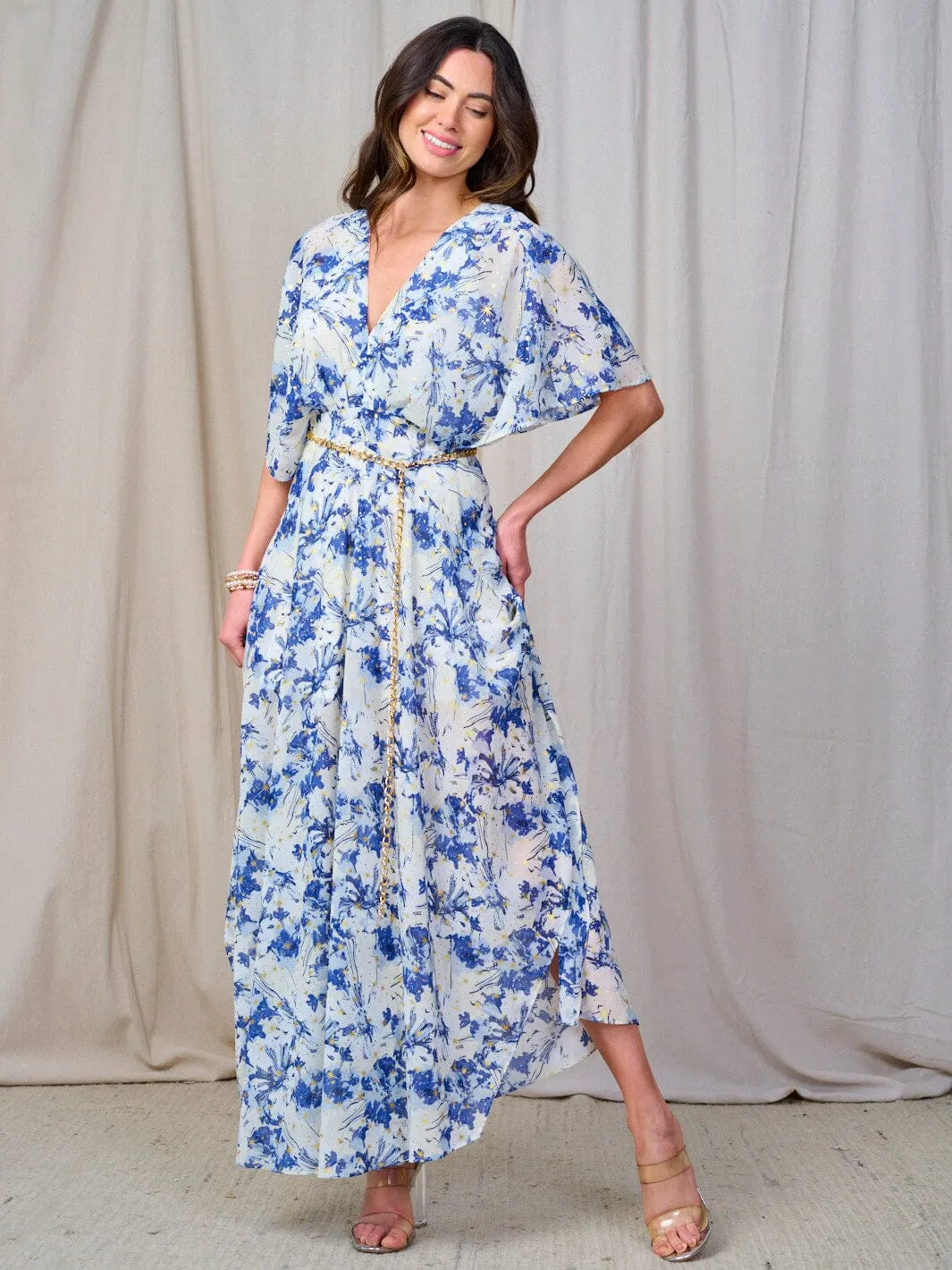 WOMEN'S SHORT SLEEVE V-NECK BELTED FLORAL MAXI DRESS