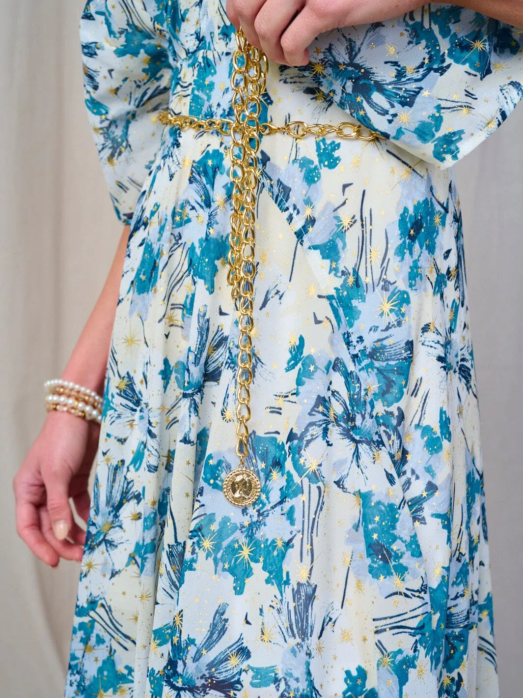 WOMEN'S SHORT SLEEVE V-NECK BELTED FLORAL MAXI DRESS