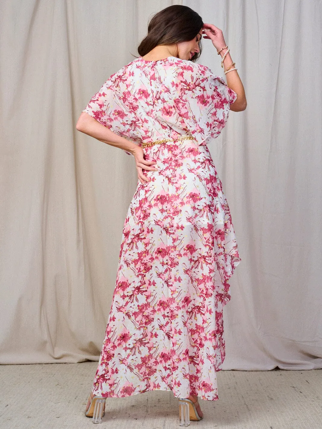 WOMEN'S SHORT SLEEVE V-NECK BELTED FLORAL MAXI DRESS