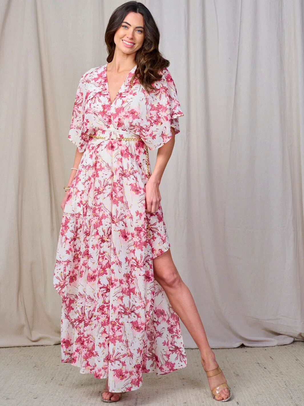 WOMEN'S SHORT SLEEVE V-NECK BELTED FLORAL MAXI DRESS
