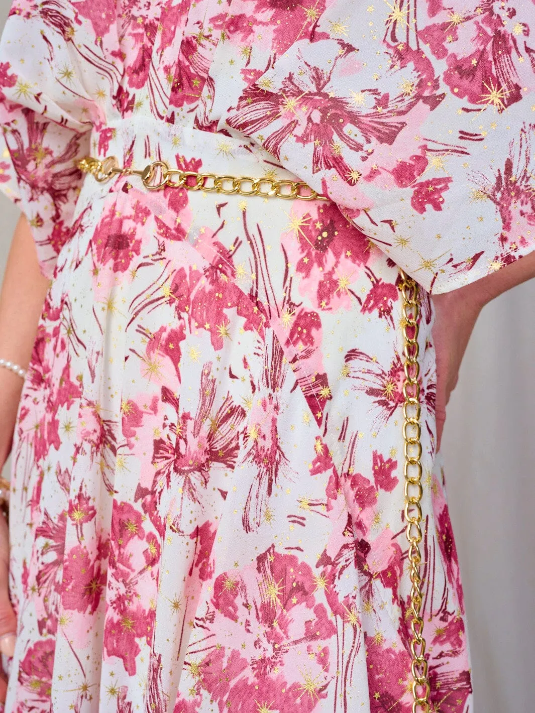 WOMEN'S SHORT SLEEVE V-NECK BELTED FLORAL MAXI DRESS