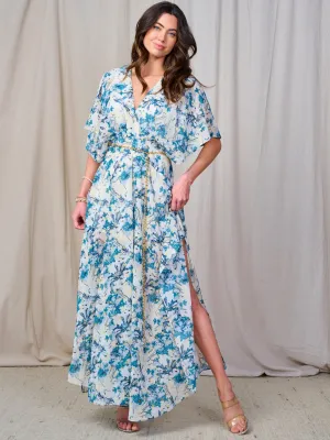 WOMEN'S SHORT SLEEVE V-NECK BELTED FLORAL MAXI DRESS