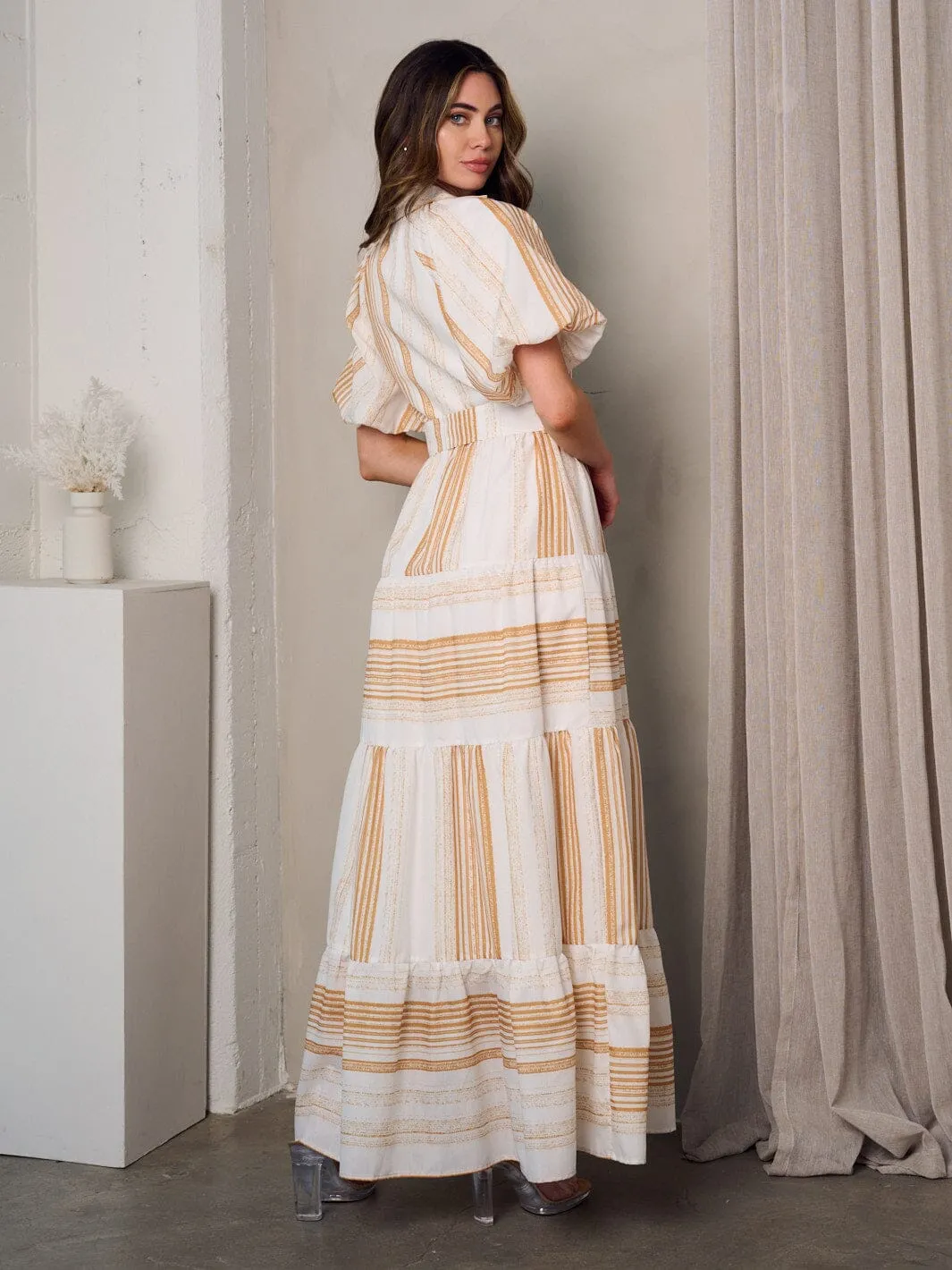 WOMEN'S SHORT SLEEVE V-NECK BUTTON UP BELTED MAXI DRESS