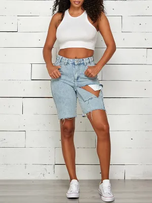 WOMEN'S SIDE RIPPED DENIM SHORTS