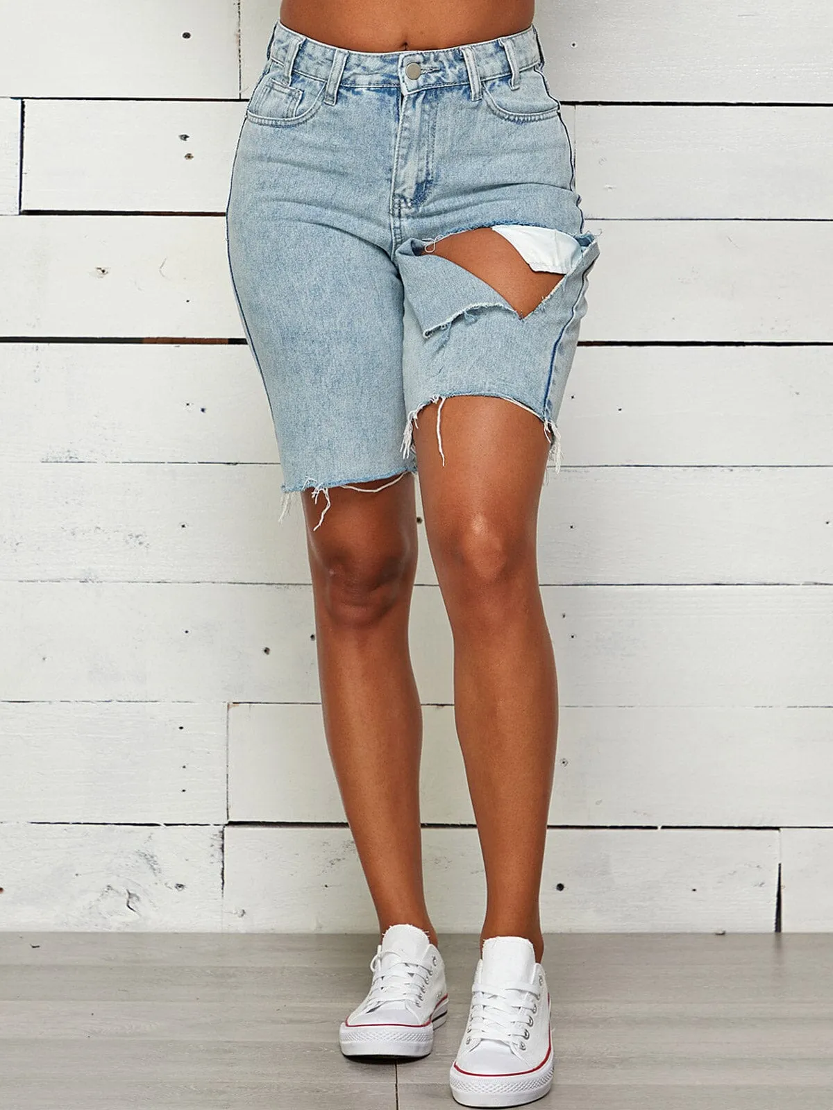 WOMEN'S SIDE RIPPED DENIM SHORTS