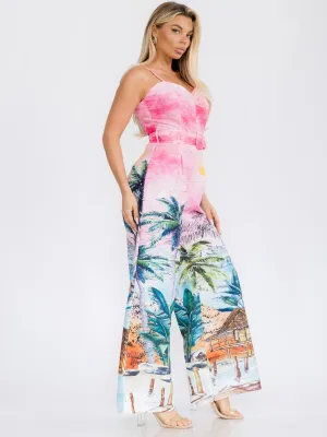 WOMEN'S SLEEVELESS BELTED MULTI PRINT WIDE LEG JUMPSUIT