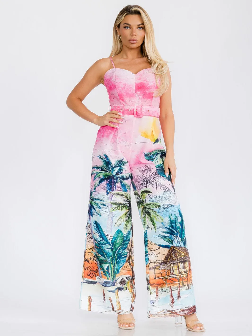 WOMEN'S SLEEVELESS BELTED MULTI PRINT WIDE LEG JUMPSUIT