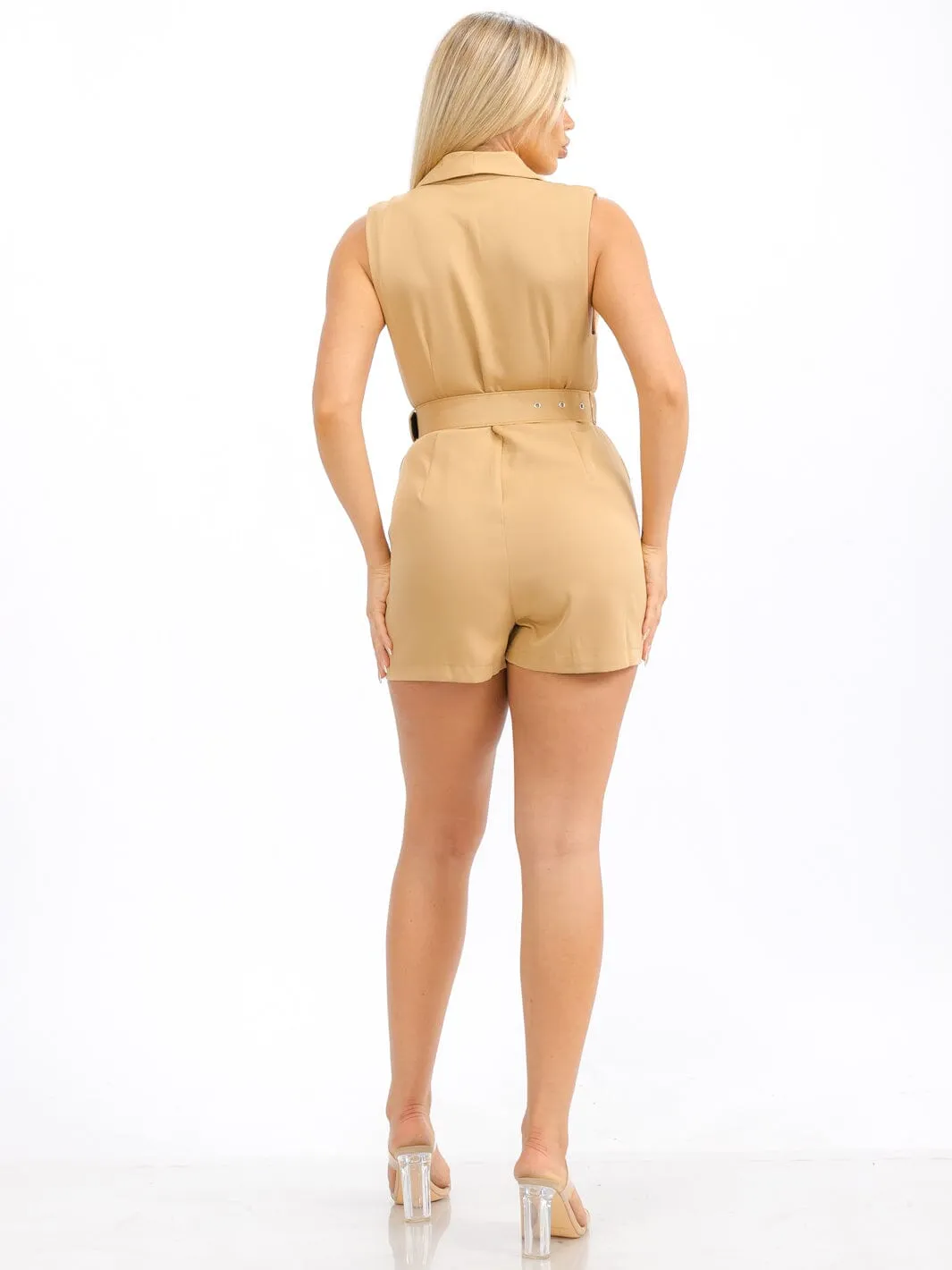 WOMEN'S SLEEVELESS BUTTON CLOSURE SURPLICE BELTED ROMPER