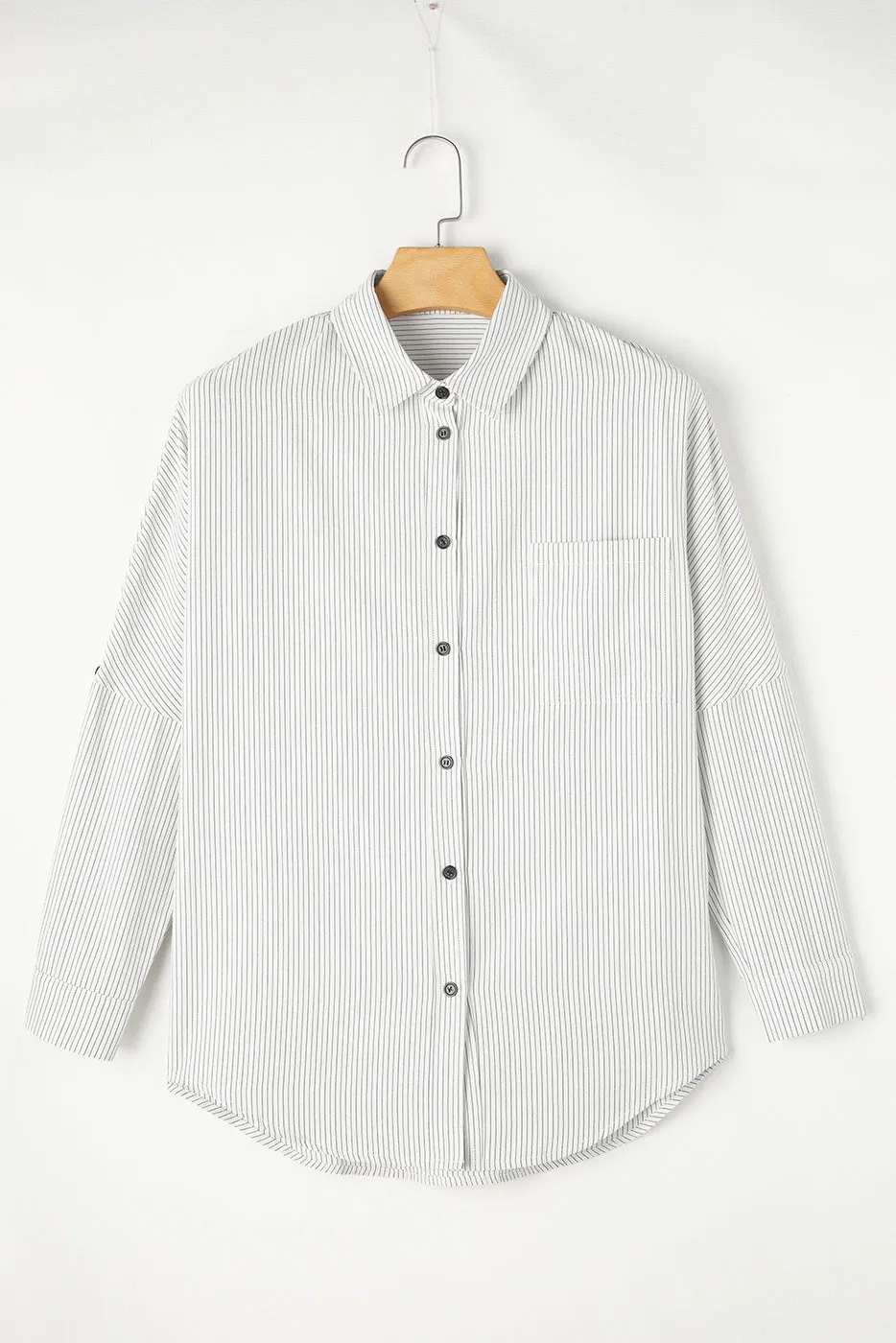 Women's Stripe Roll-tab Sleeve Pocketed Long Shirt
