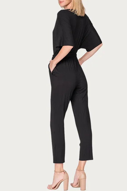 WRAP-EFFECT BELTED STRETCH-JERSEY JUMPSUIT
