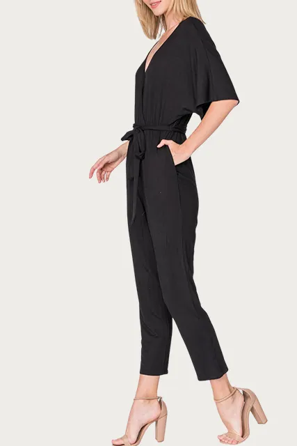 WRAP-EFFECT BELTED STRETCH-JERSEY JUMPSUIT