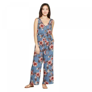 Xhilaration Women's Floral Print Sleeveless Deep V-Neck Belted Button Front Jumpsuit