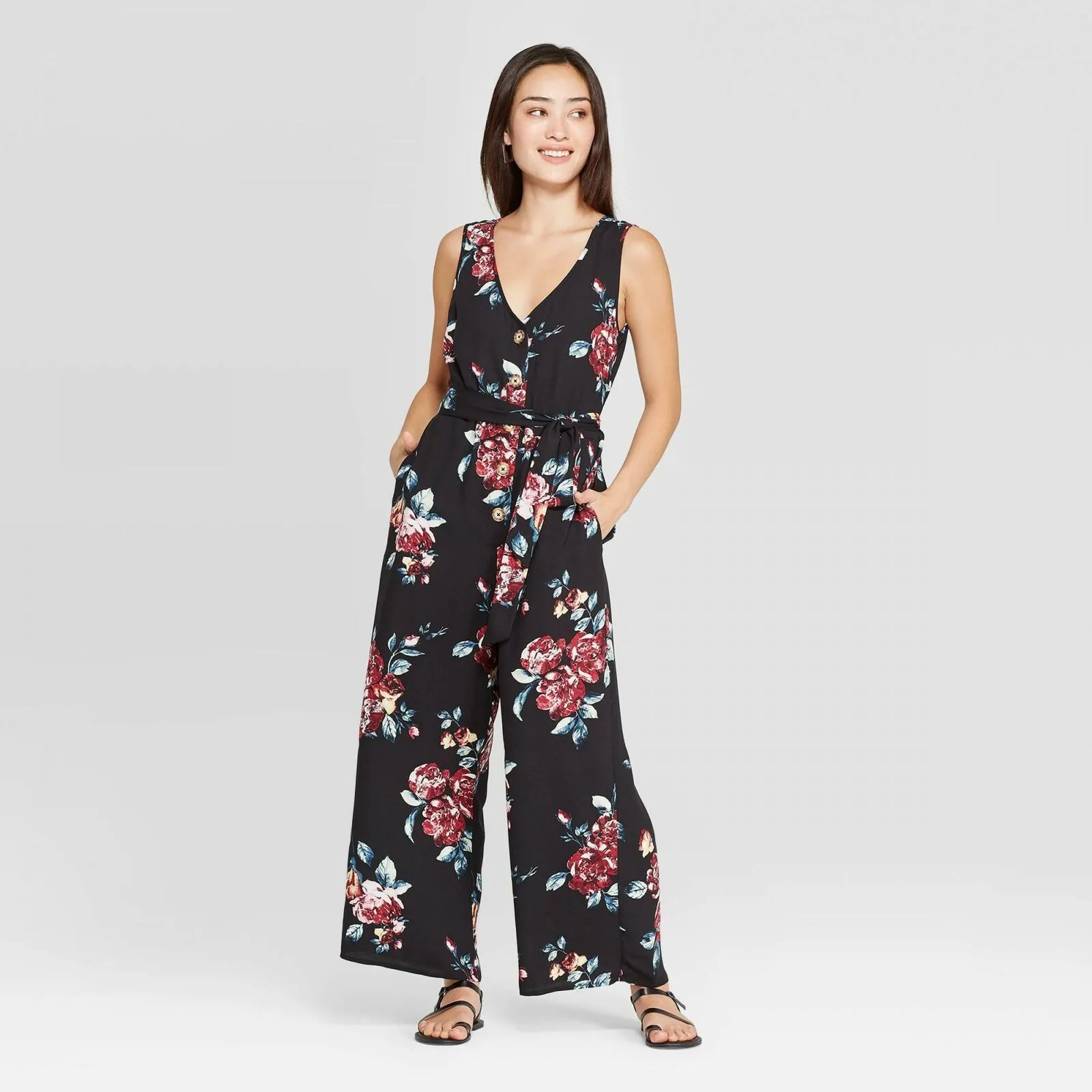 Xhilaration Women's Floral Print Sleeveless Deep V-Neck Belted Button Front Jumpsuit