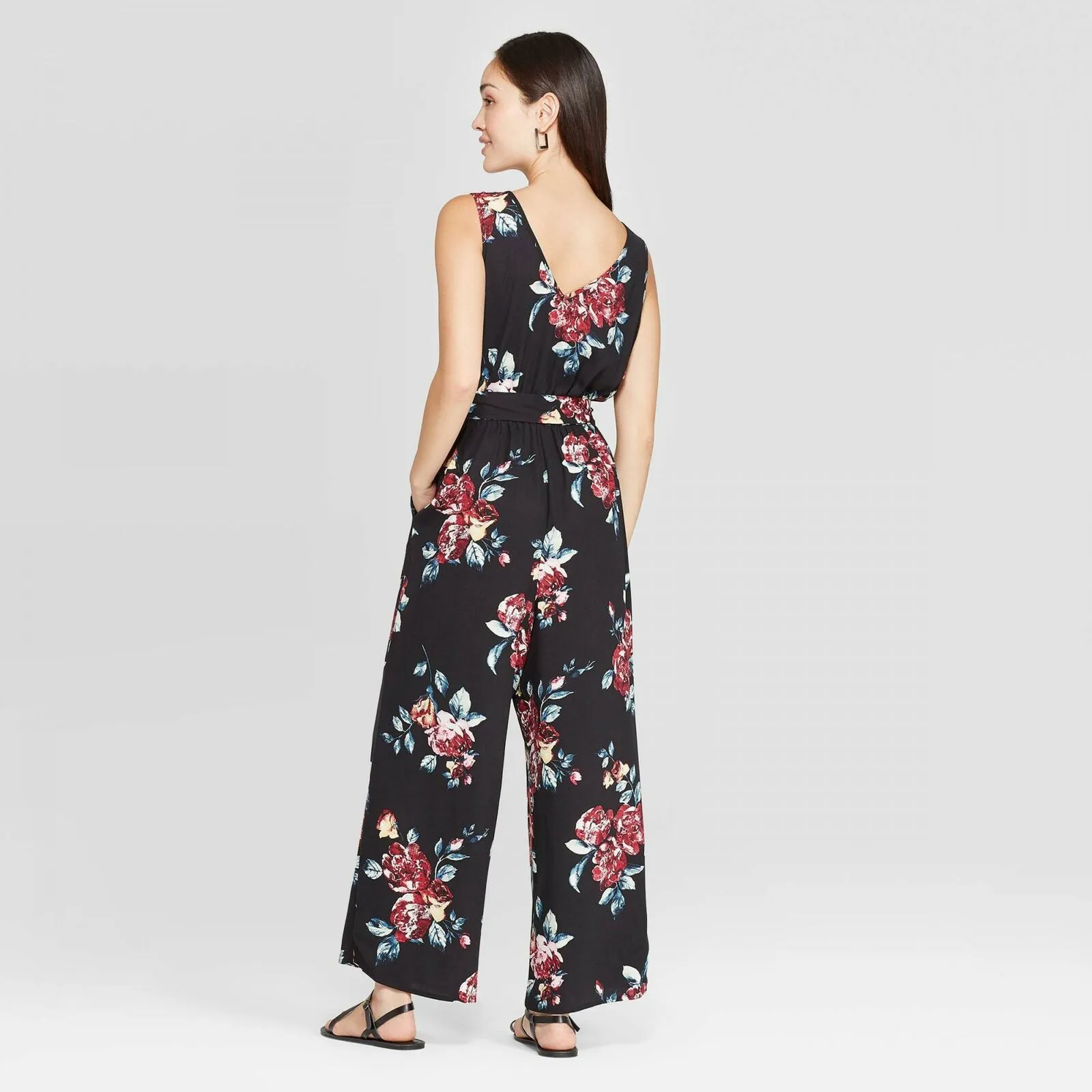 Xhilaration Women's Floral Print Sleeveless Deep V-Neck Belted Button Front Jumpsuit