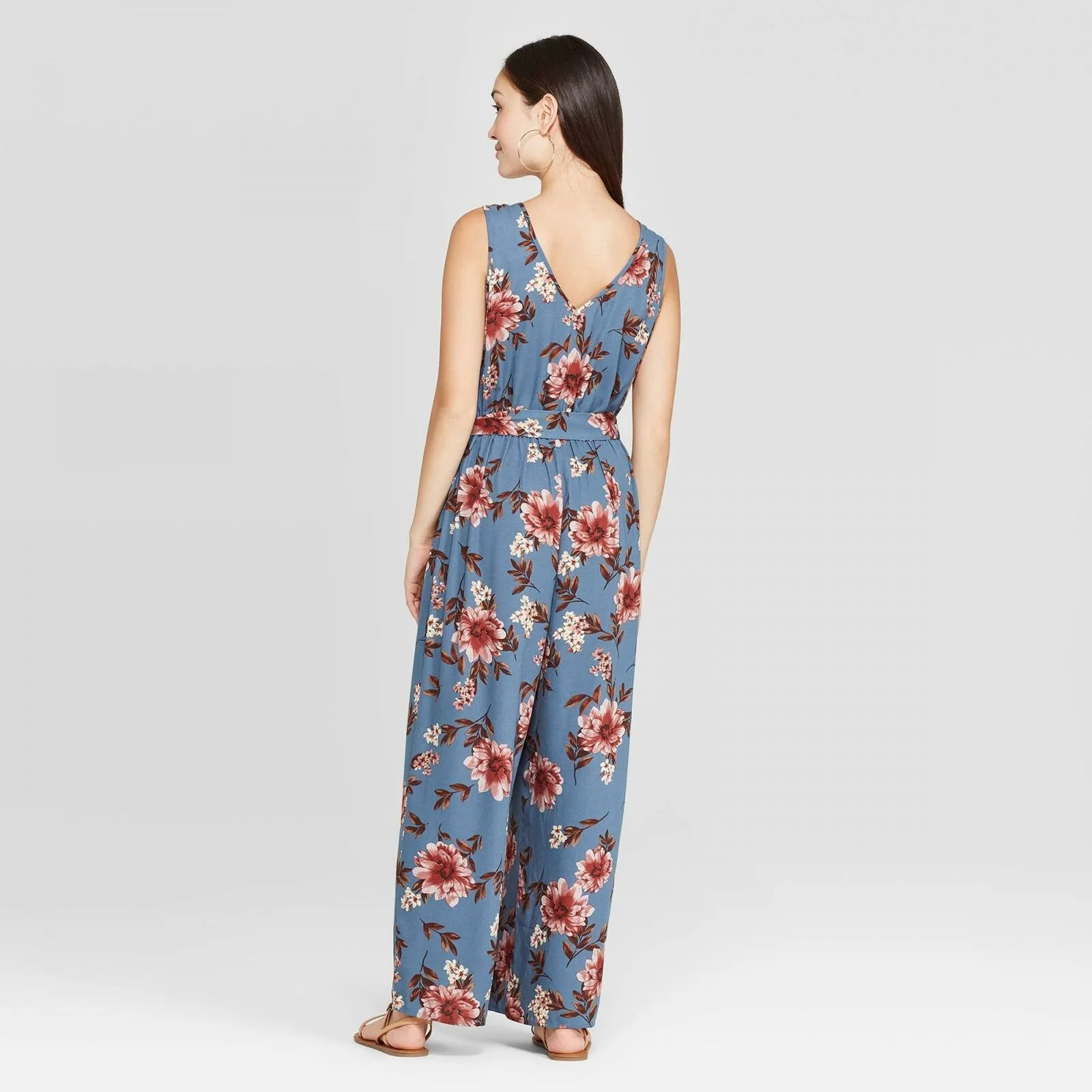 Xhilaration Women's Floral Print Sleeveless Deep V-Neck Belted Button Front Jumpsuit