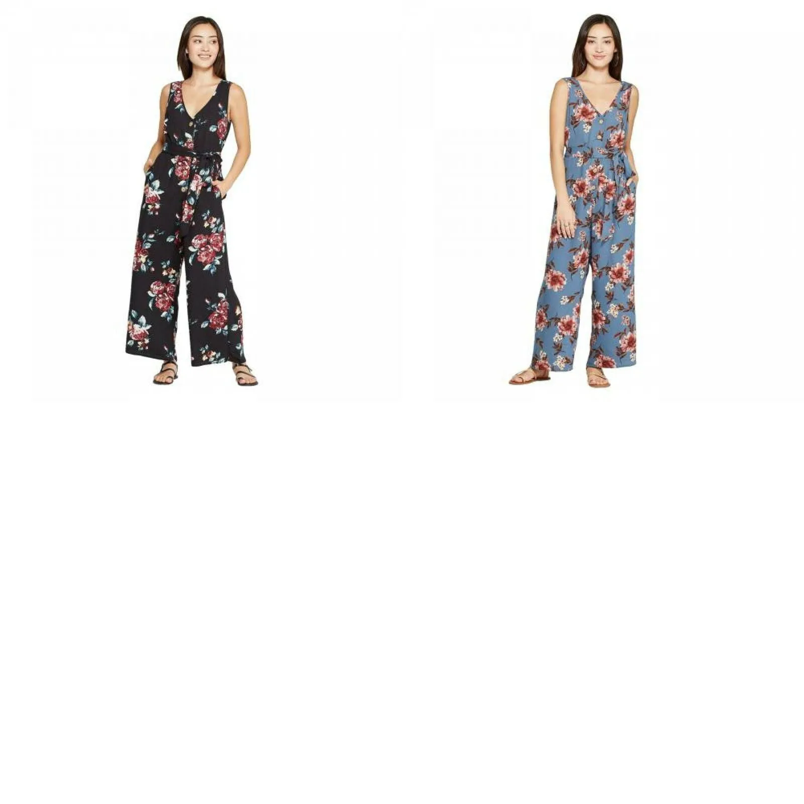 Xhilaration Women's Floral Print Sleeveless Deep V-Neck Belted Button Front Jumpsuit