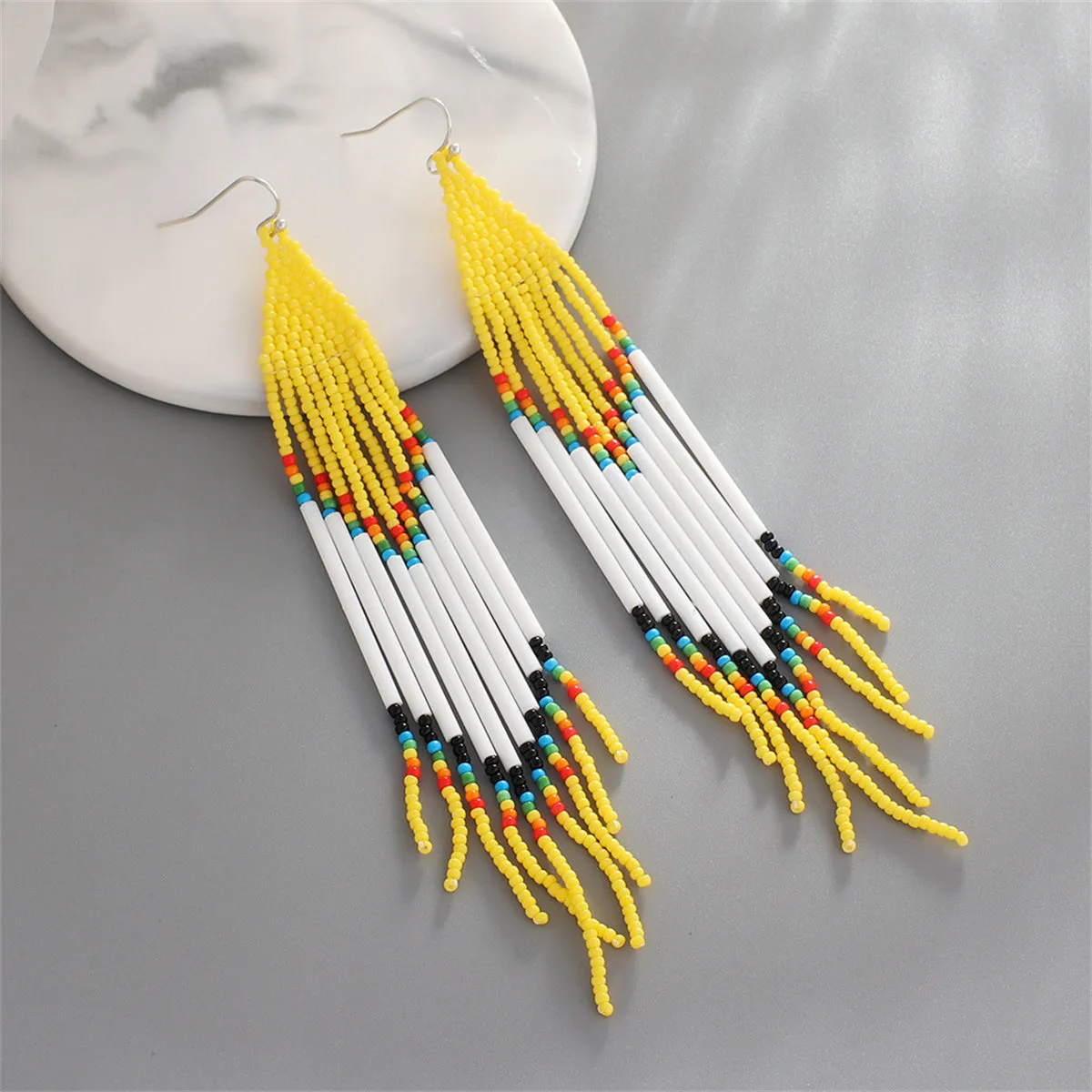 Yellow & White Howlite Geometric Tassel Drop Earrings