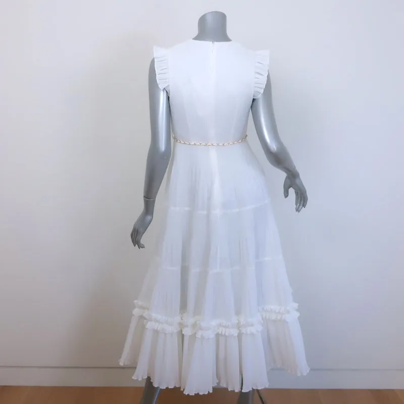 Zimmermann Dancer Pleated Belted Midi Dress White Organza Size 0 NEW