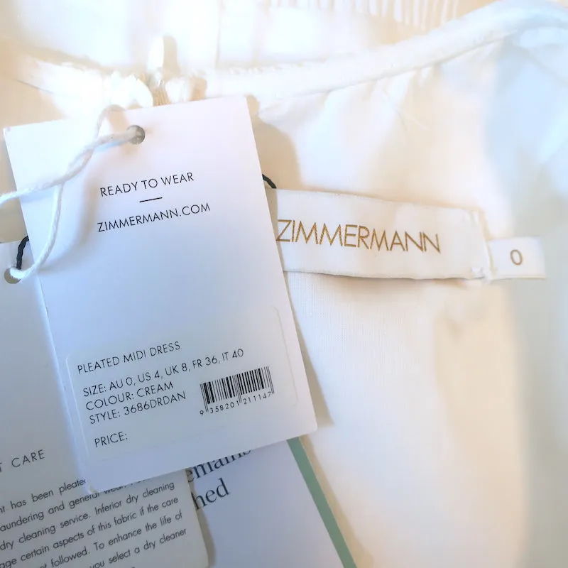 Zimmermann Dancer Pleated Belted Midi Dress White Organza Size 0 NEW